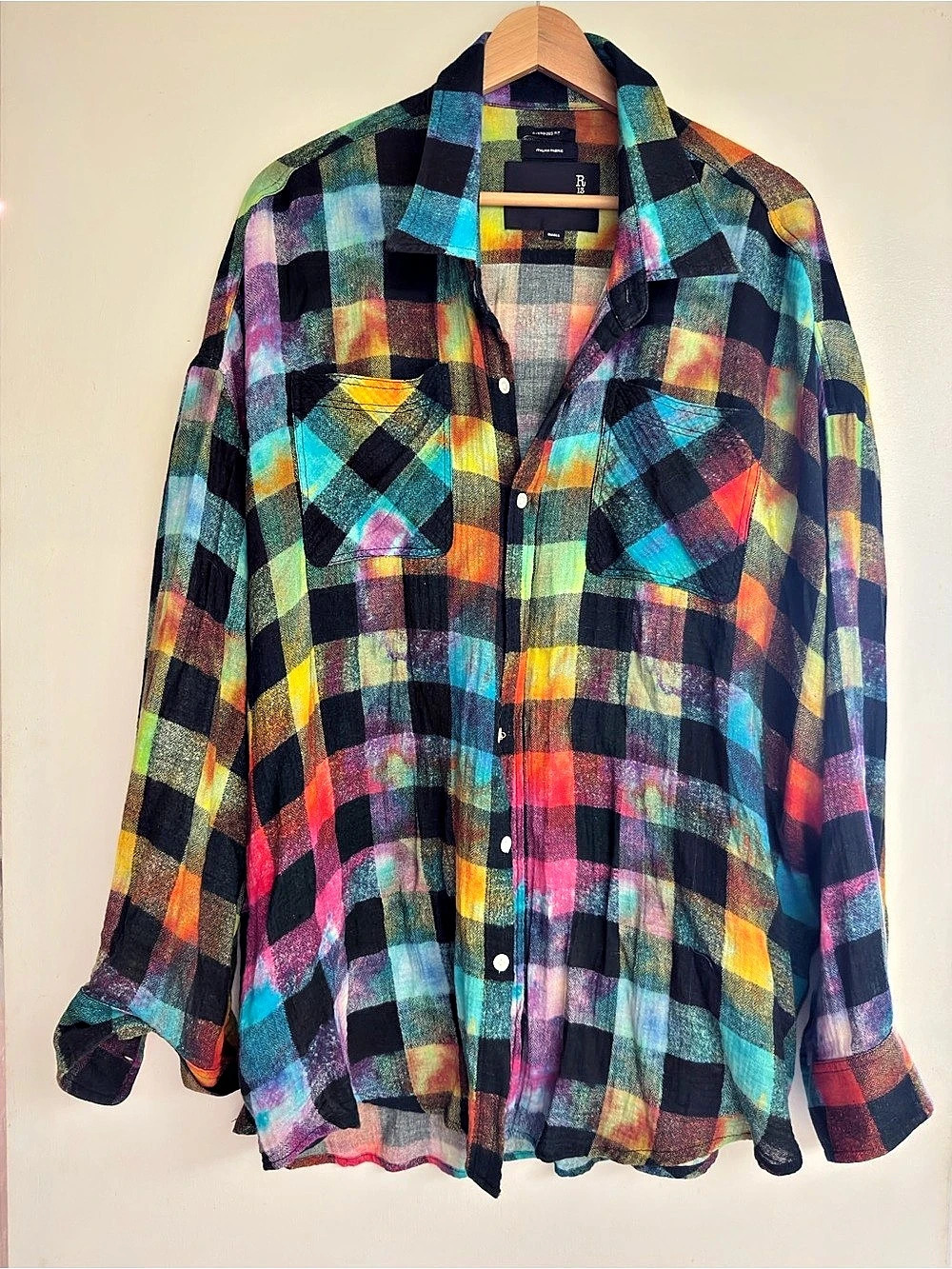 R13 Rainbow Plaid Oversize Button-Up Shirt Multicolor